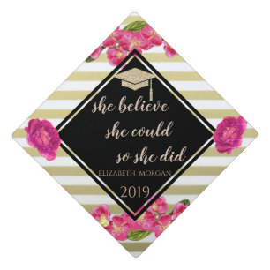 Gold Glitter Graduate Cap,Flowers,Roses, Stripes Graduation Cap Topper