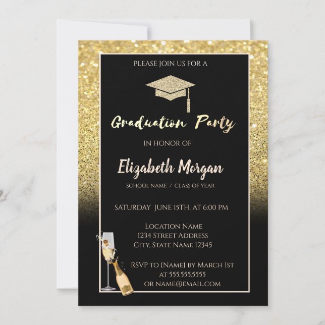 Gold Glitter Graduation Cap,Confetti,Wine,Glass Invitation (Front)