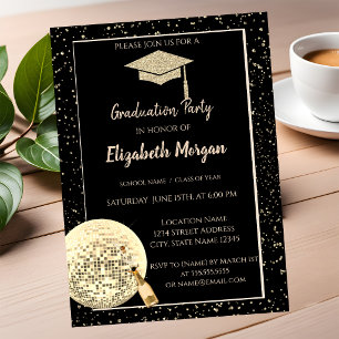 Gold  Glitter Graduation Cap,Disco Ball Confetti Invitation