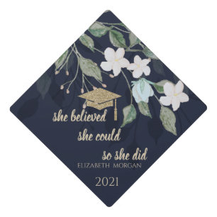 Gold Glitter Graduation Cap Floral Navy Blue
