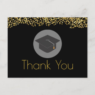 Gold Glitter & Graduation Cap on Black Thank You Postcard