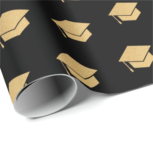 Gold Glitter Graduation Cap Pattern Black Wrapping Paper (Roll Corner)
