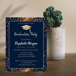 Gold Glitter Graduation Cap,Polka Dots,Navy Blue Invitation