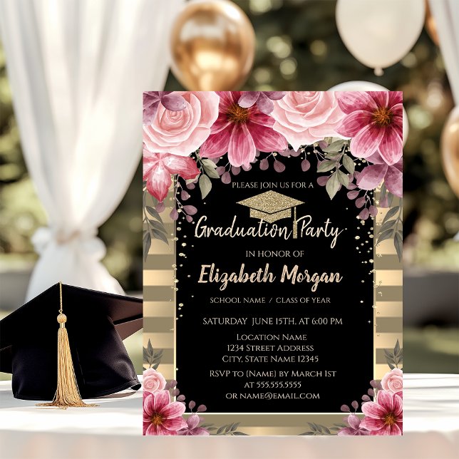 Gold Glitter Graduation Cap,Stripes Floral Invitation (Creator Uploaded)