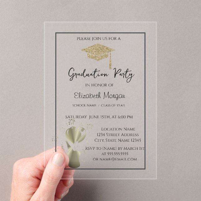 Gold Glitter Graduation Cap SwirlsGraduation Party Acrylic Invitations (Insitu (Handheld))