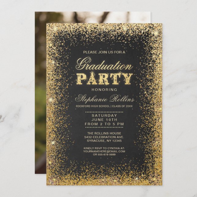 Gold & Glitter Graduation Party Invitations (Front/Back)