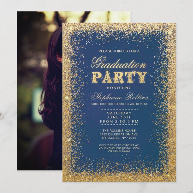 Gold & Glitter Graduation Party Invitations - Blue (Front/Back)