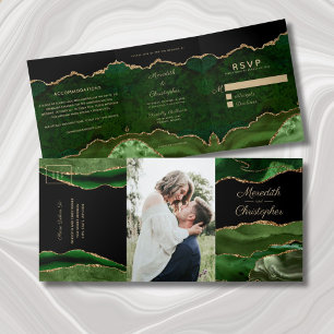 Gold Glitter Green Agate Geode Wedding Tri-Fold Invitation