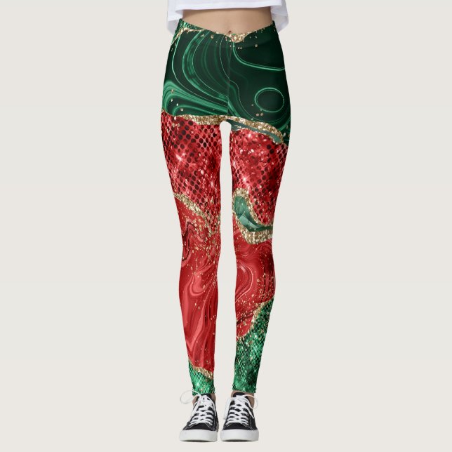 Gold Glitter Green and Red Glam Christmas Pattern Leggings (Front)
