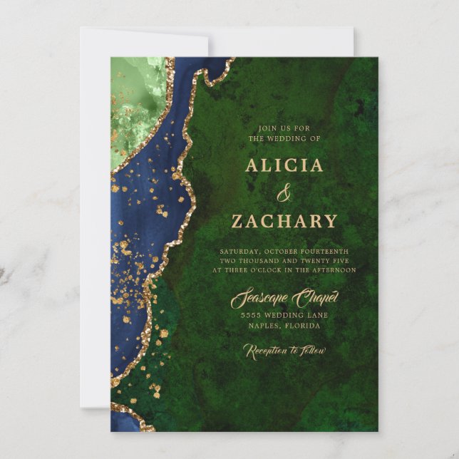 Gold Glitter Green Blue Agate Wedding Invitation (Front)