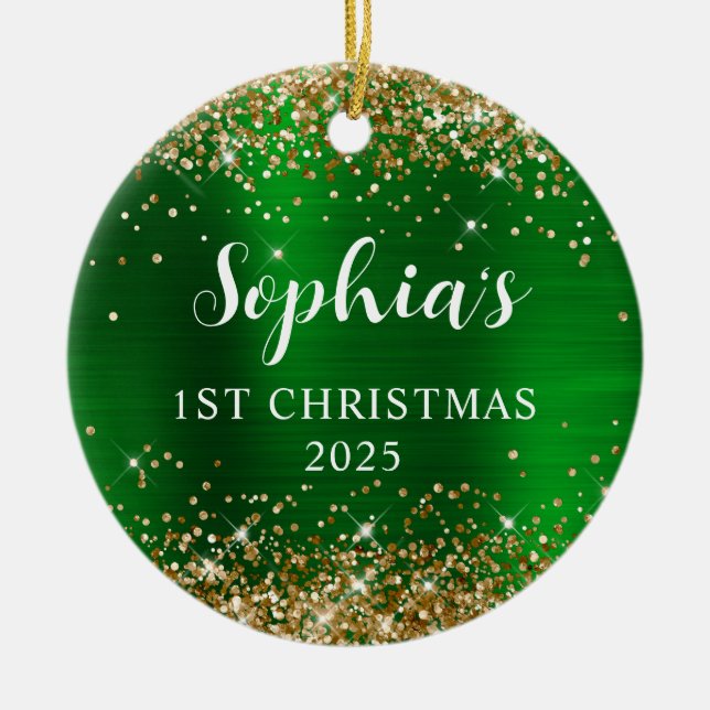 Gold Glitter Green Faux Foil 1st Christmas Photo Ceramic Ornament (Front)
