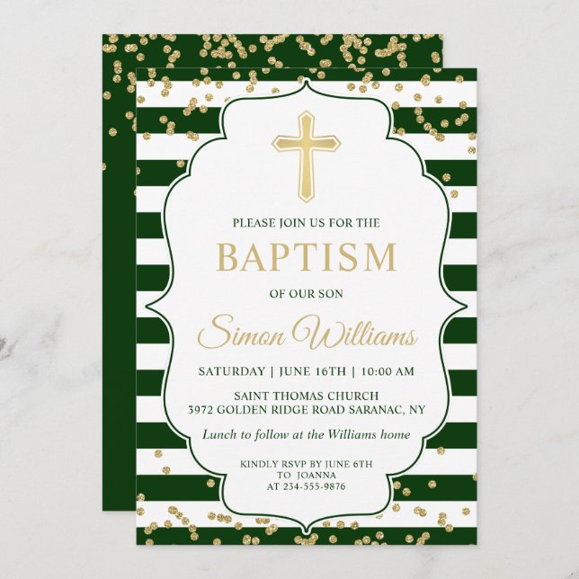 Gold Glitter Green Stripes Boy Baptism Invitation (Front/Back)