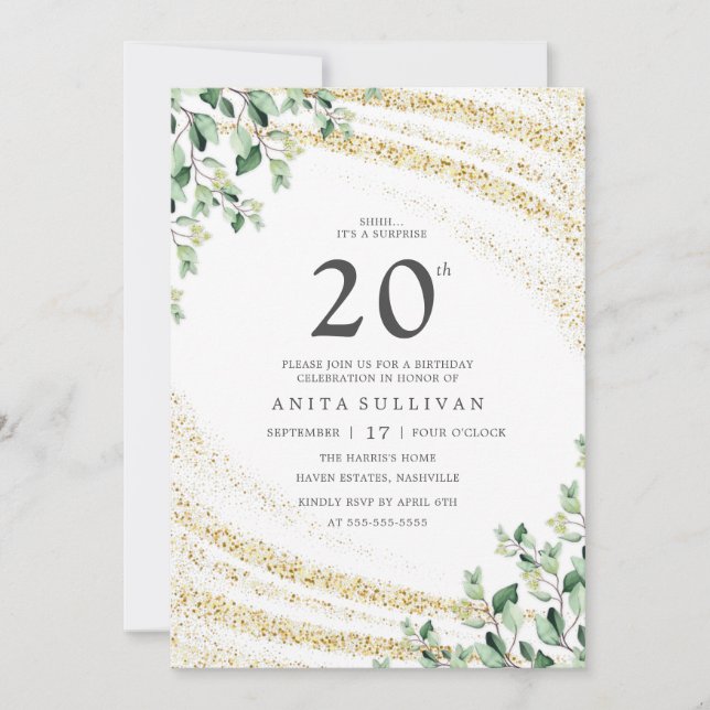 Gold Glitter Greenery Twenty 20th Birthday Invitation (Front)