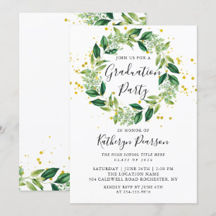 Gold Glitter Greenery Wreath Graduation Party Invitation