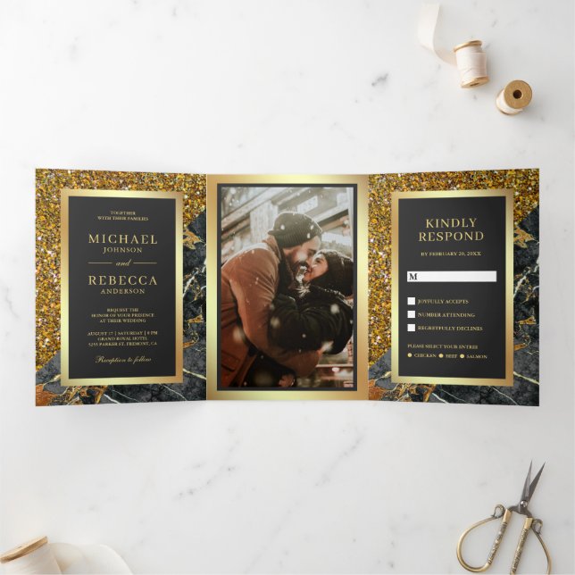 Gold Glitter Grey Marble Photo Wedding Tri-Fold Invitation (Inside)