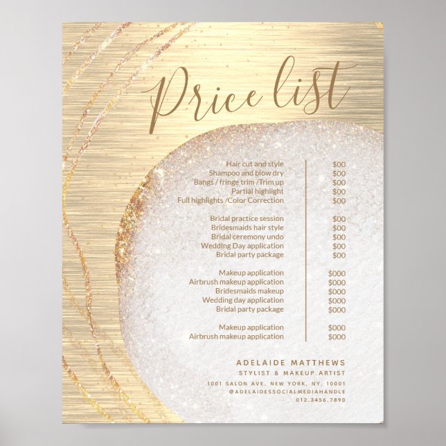 Gold Glitter Hair Stylist Salon Price List Menu Poster (Front)