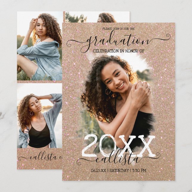 Gold Glitter Halo Photo Collage Graduation Invitation (Front/Back)