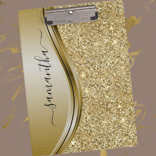 Gold Glitter Handwritten Name Metal Monogram  Clipboard
