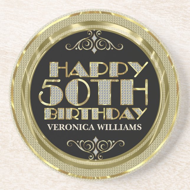 Gold Glitter Happy 50th Birthday Coaster (Front)