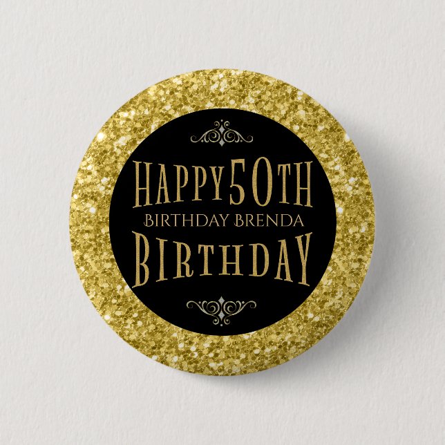 Gold Glitter Happy 50th Birthday Template 2 Inch Round Button (Front)