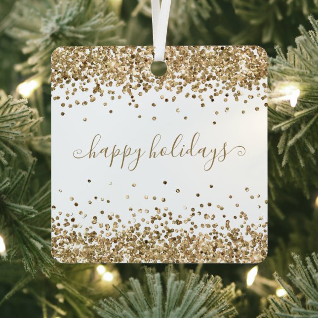 Gold Glitter Happy Holidays Sparkle and Shine Metal Ornament (Insitu)