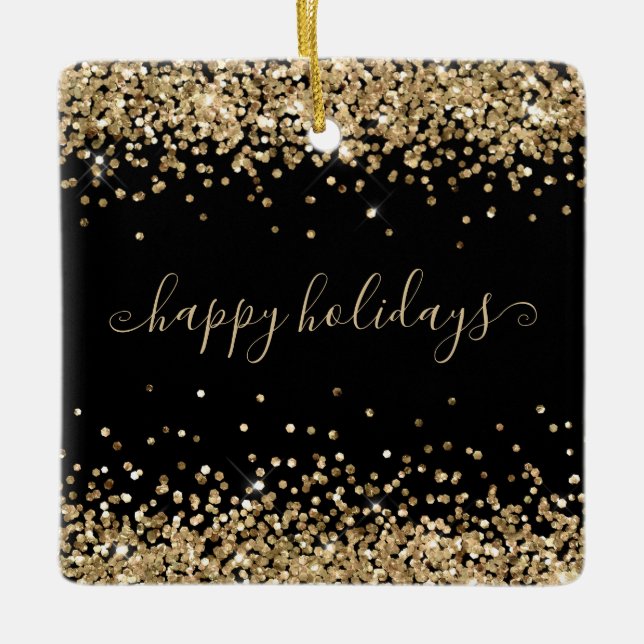 Gold Glitter Happy Holidays Sparkle Shine Black Ceramic Ornament (Front)