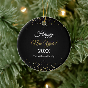 Gold Glitter Happy New Year Black Ceramic Ornament