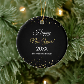 Gold Glitter Happy New Year Black Ceramic Ornament