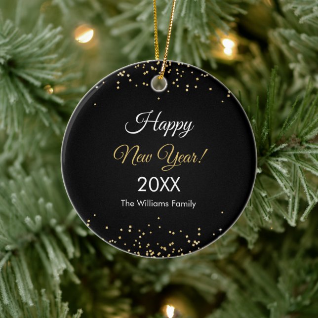 Gold Glitter Happy New Year Black Ceramic Ornament (Tree)