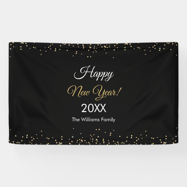 Gold Glitter Happy New Year Black Party Banner (Horizontal)