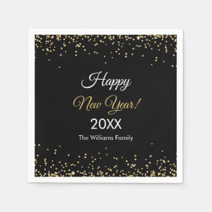 Gold Glitter Happy New Year Black Party Napkin