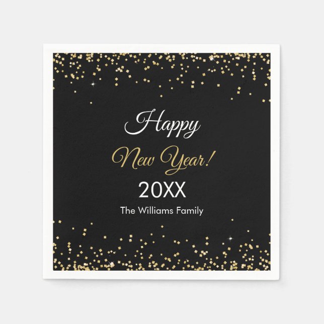 Gold Glitter Happy New Year Black Party Napkin (Front)