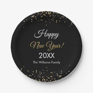 Gold Glitter Happy New Year Black Party Paper Plate