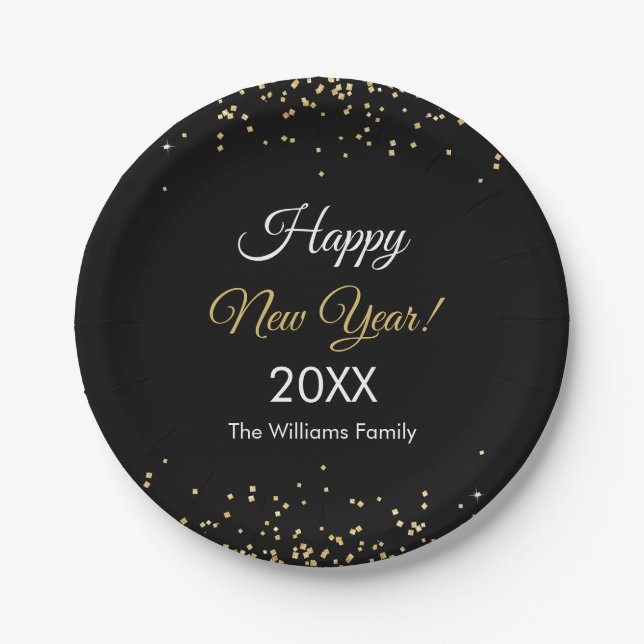 Gold Glitter Happy New Year Black Party Paper Plate (Front)