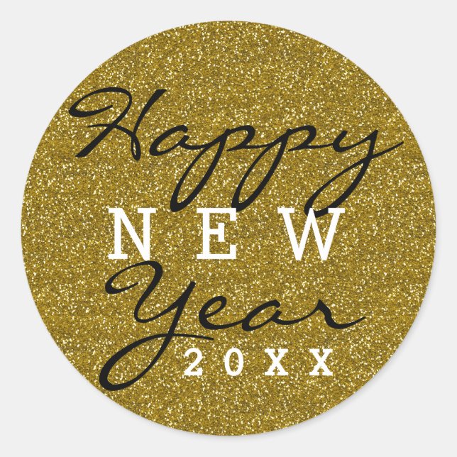 Gold Glitter Happy New Year Classic Round Sticker (Front)