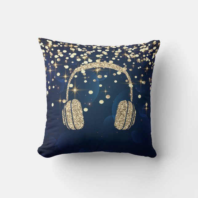 Gold Glitter Headphone,Stars Dots Navy Blue Throw Pillow (Front)