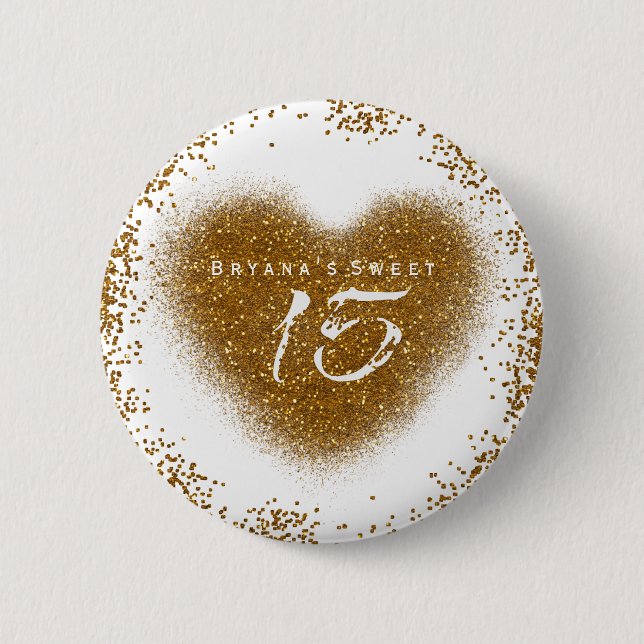 Gold Glitter Heart 15 Quinceincera Birthday Pin (Front)