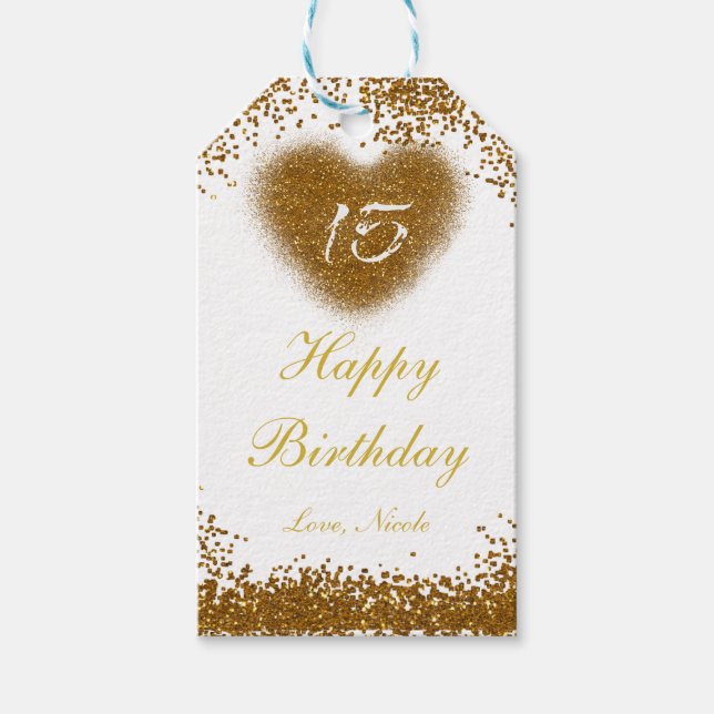 Gold Glitter Heart 15 Quinceincera Gift Tag (Front)