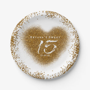 Gold Glitter Heart 15 Quinceincera Party Plates