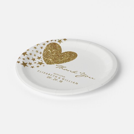 Gold Glitter Heart and Stars Wedding 7 Inch Paper Plate