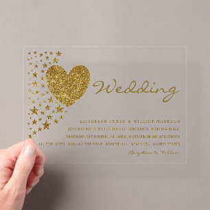 Gold Glitter Heart and Stars Wedding Acrylic Invitations