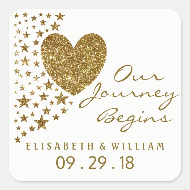 Gold Glitter Heart and Stars Wedding Square Sticker (Front)
