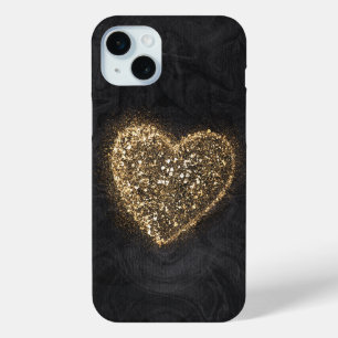 Gold Glitter Heart on Black Texture iPhone 15 Mini Case