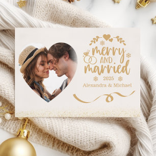 Gold Glitter Heart Photo Merry & Married Holiday Card