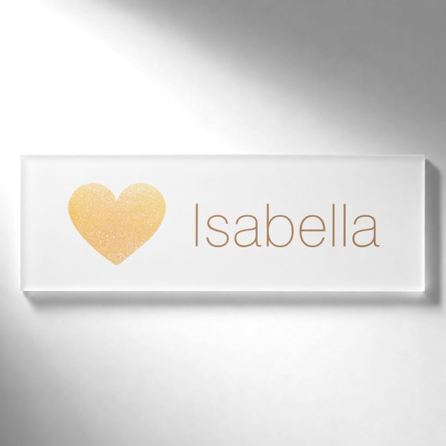 Gold Glitter Heart Salon Employee  Name Tag Badge (Front)