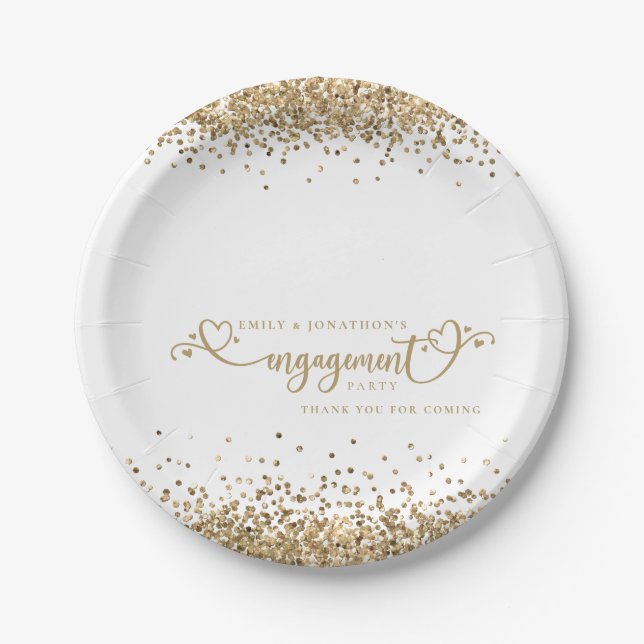 Gold Glitter Heart Script Names Engagement Thanks Paper Plate (Front)