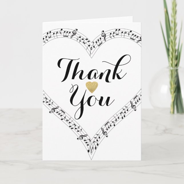 Gold glitter heart Thank you music Card (Front)