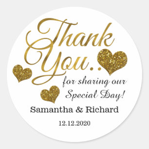 Gold Glitter Heart Thank You Wedding Favour   Classic Round Sticker