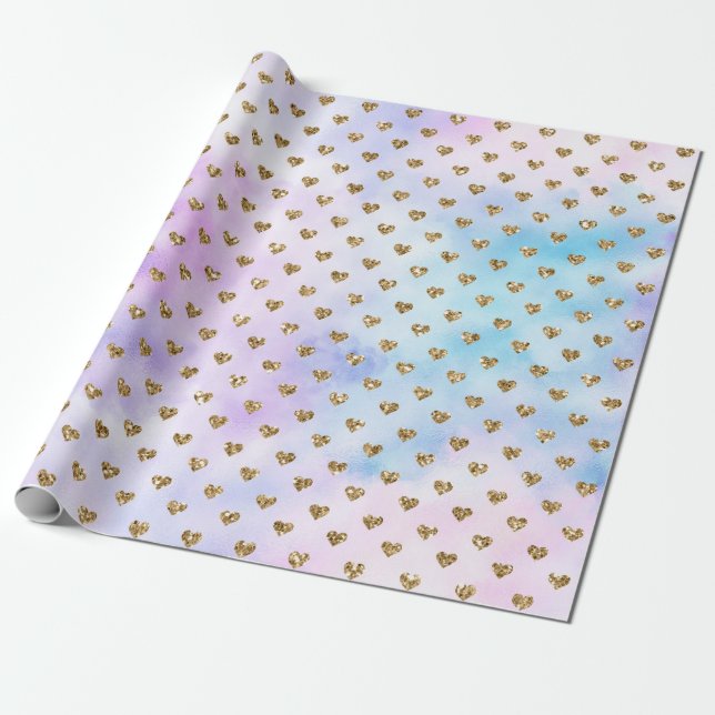 Gold Glitter Hearts Aqua Purple Ombre Wrapping Paper (Unrolled)