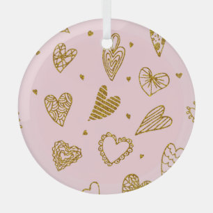 Gold glitter hearts: pink background pattern glass ornament